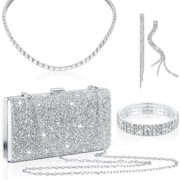 BRAND NEW 4 Pc Women Rhinestone Clutch Bag Bling Earring Necklace Bracelet Set - Picture 1 of 7